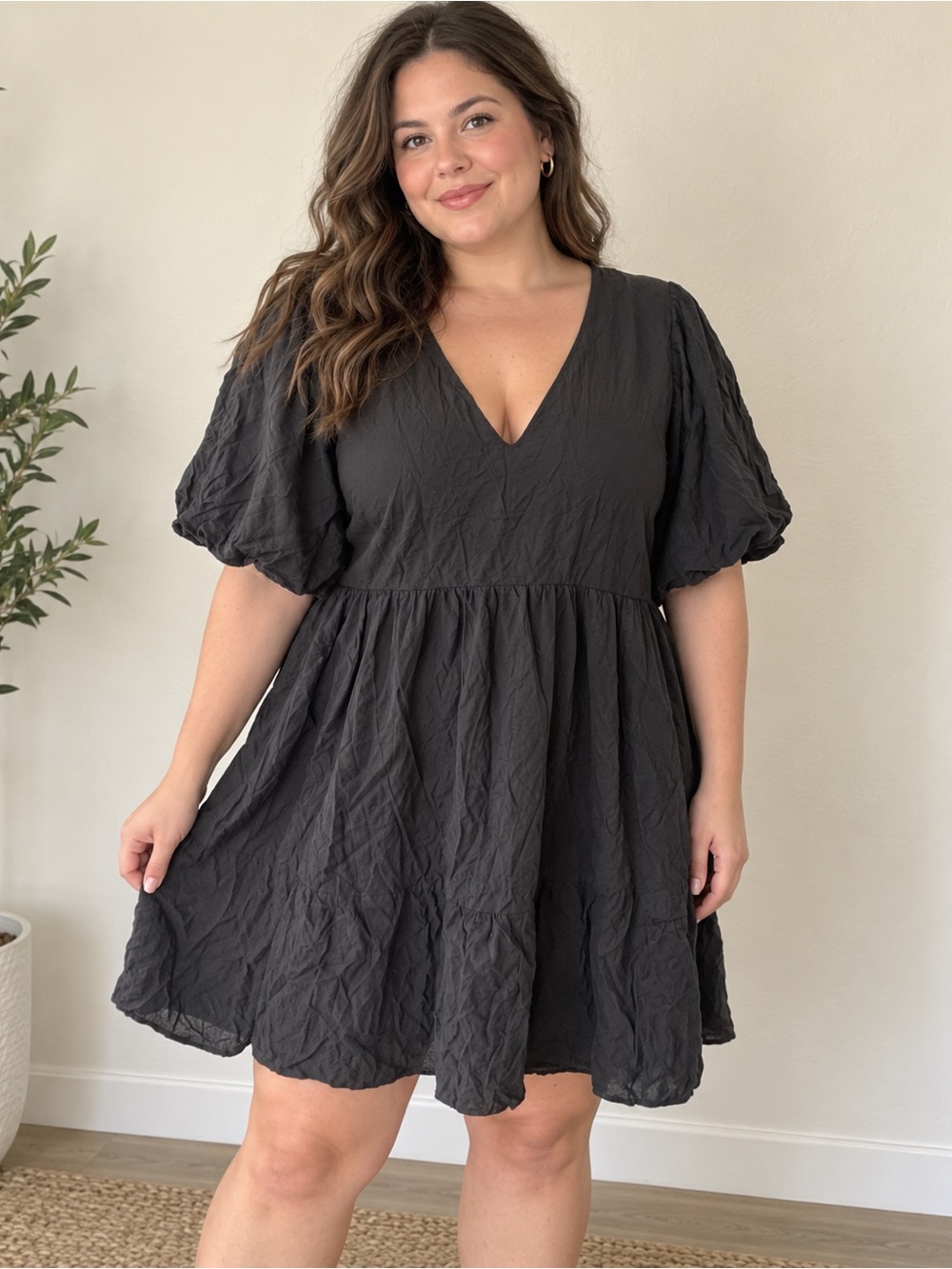 Nine West Black V-Neck Puff Sleeve Mini Dress